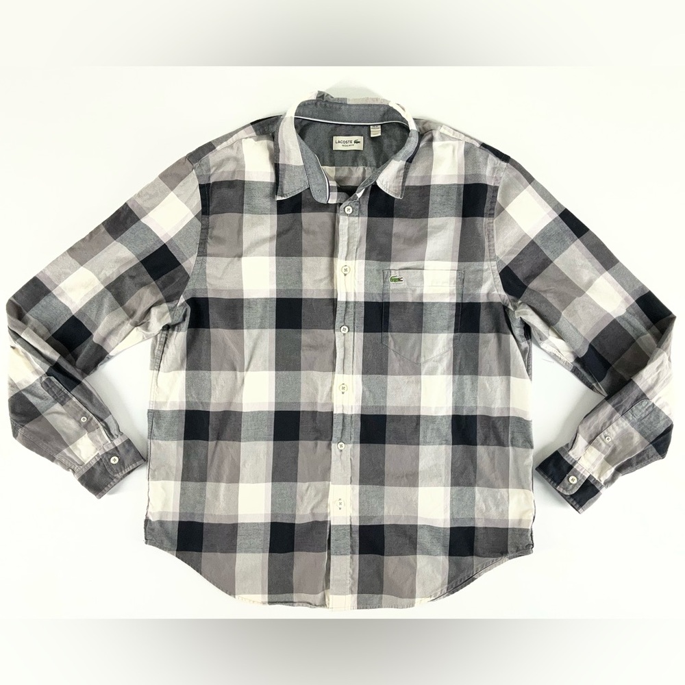 Lacoste Men's Regular Fit Black and White Plaid Button-Down Shirt Size XL / 2XL